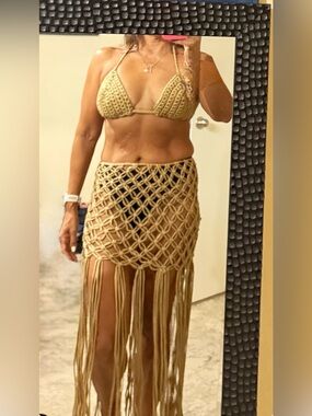Handmade Crochet Fringe Beach Cover-Up in Khaki with top